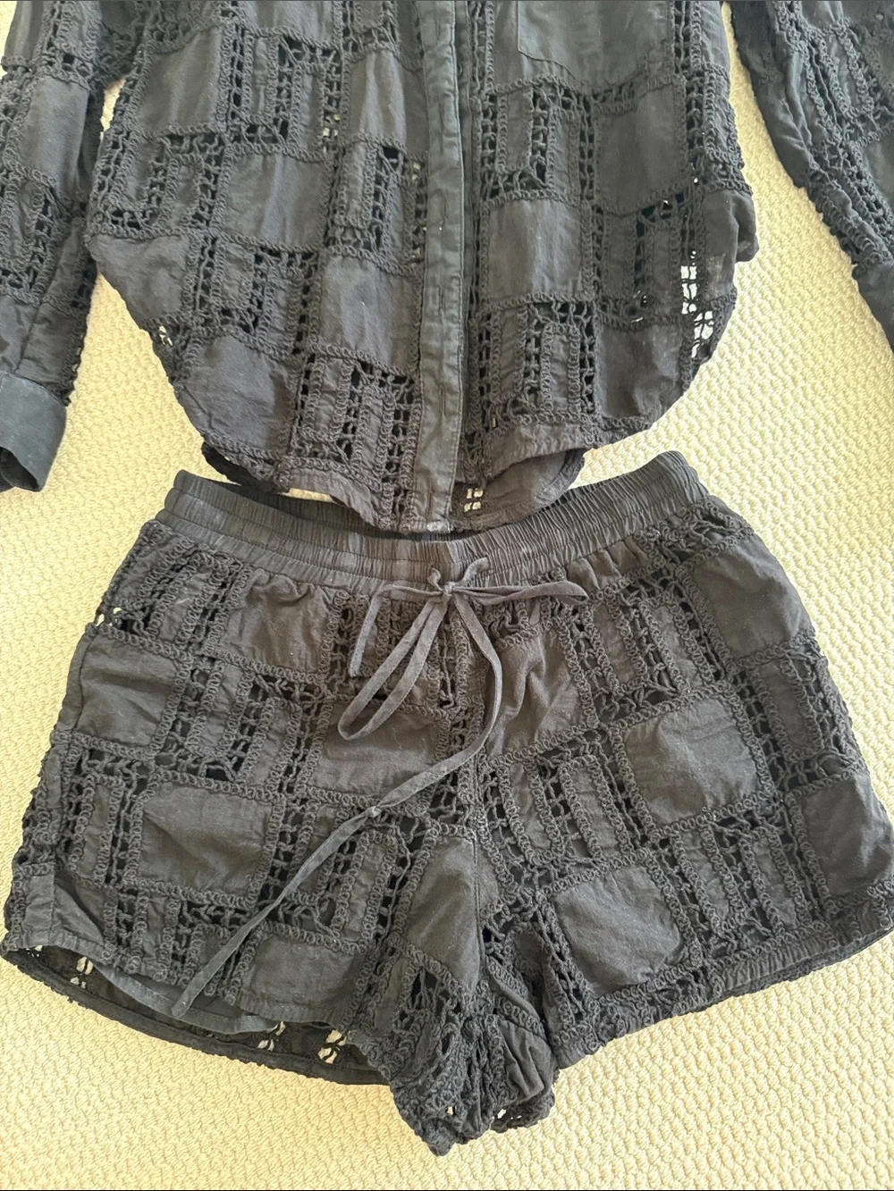 Heartloom Black Crochet Button-Up Shirt & Drawstring Shorts Set. Beach set